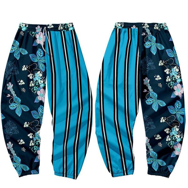 

men's pants striped flower splicing printed men japanese style pocket cargo joggers harajuku sweatpant hip hop trousers plus size 6xl, Black