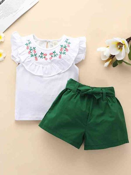 

baby girl ruffle trim embroidery & belted shorts she, Blue