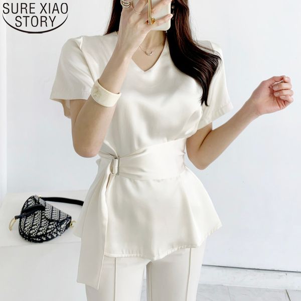 

fashion v-neck women chiffon with sashes elegant summer satin blouse ladies blusas mujer de moda verano 13954 210417, White