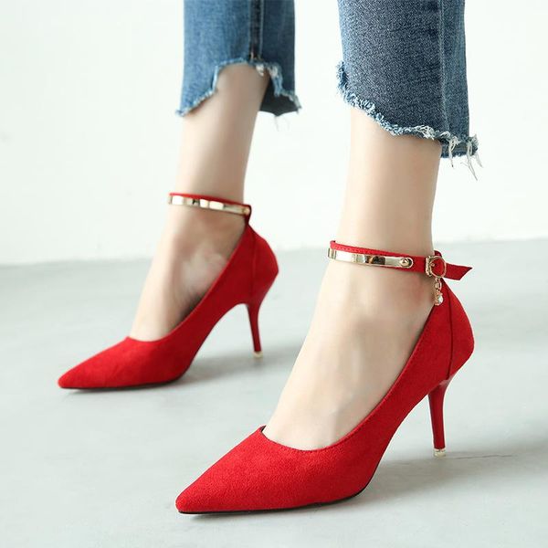 

dress shoes 2021 spring suede high heel women's fine with wedding word buckle pointed single women, Black