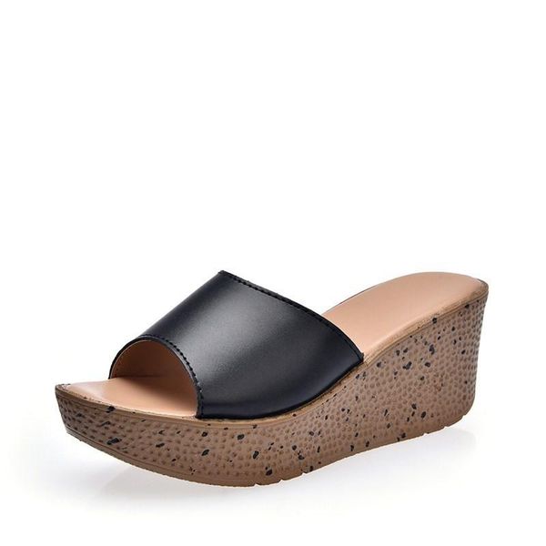

slippers genuine leather wedges platform ladies beach women muffin thick bottom slope european style fashion sandal, Black