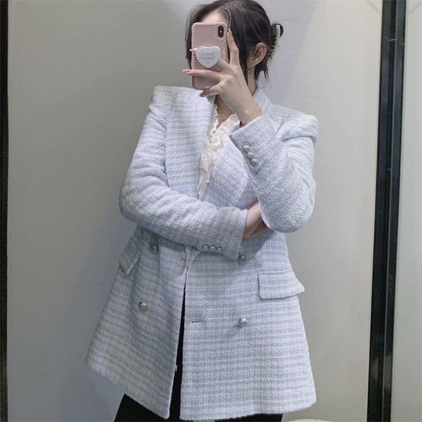 

women's suits & blazers traf women 2021 fashion spring plaid texture double-breasted small fragrant style suit long sleeve jacket stree, White;black