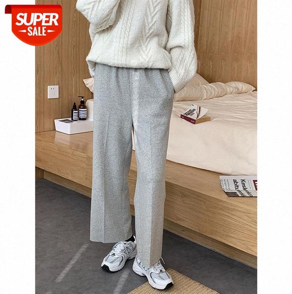 

tg elastic waist woolen casual pants women high loose wide-leg wool trousers 13037 #wc9p, Black;gray