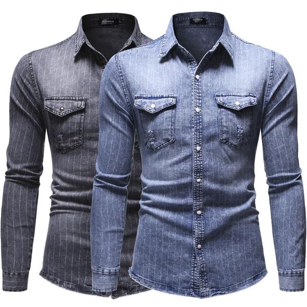 

men's casual shirts 2021 autumn spring denim blusa plus size long sleeve single button blouses striped jeans for men moto & biker, White;black