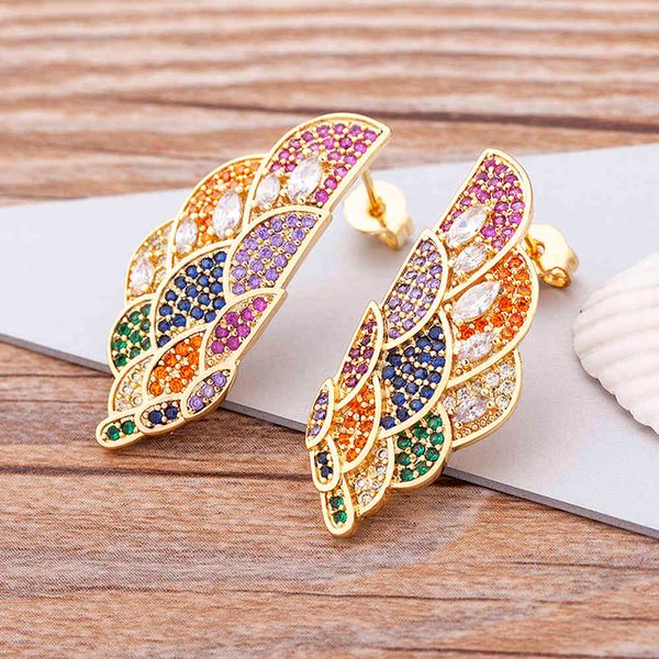 2021 Luxo Rainbow Rhinestone Asas Zircão Moda Stud Brincos Mulheres Charme Romântico Nupcial Casamento Jóias Presentes