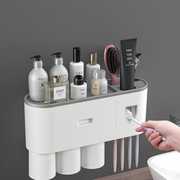 

punch-toothbrush holder automatic toothpaste dispenser and cup wall-mounted washing storage rack bathroom set bath accessory