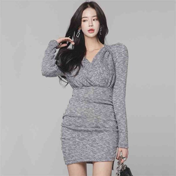 

fall knitting korean ladies long sleeve v neck causal mini party dress for women china clothing 210602, Black;gray