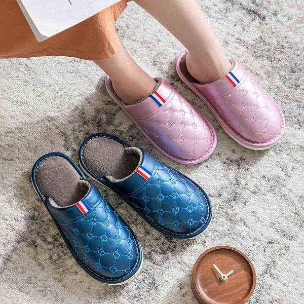 

cotton slippers female winter warm home lovers waterproof and antiskid indoor men's leather, Black