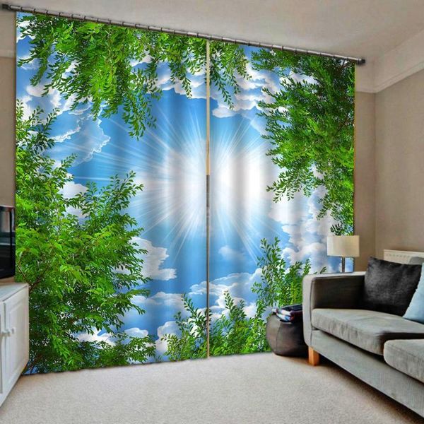 

curtain & drapes fashion customized blue sky white green leaves curtains for living room bedroom blackout shade decor