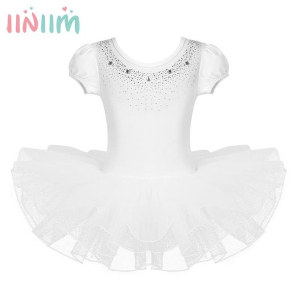 

girl's dresses iiniim kids mesh bubble sleeves sparkly rhinestones ballet dance tutu dress for child gymnastics leotard costumes party, Red;yellow