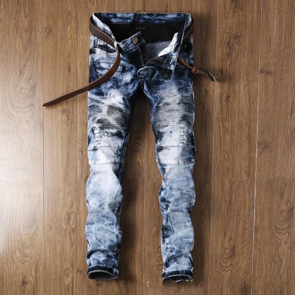

men's jeans fashion loose straight male distressed denim pants biker yqbm, Blue