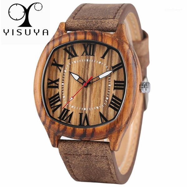 

bamboo wooden watch men quartz leather band analog creative watches roman numerals dial unqiue shape fashion clock gift wristwatches, Slivery;brown