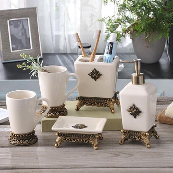 

bathroom accessories set ceramic soap dispenser toothbrush holder gargle cup dish 5 pieces bath accessory