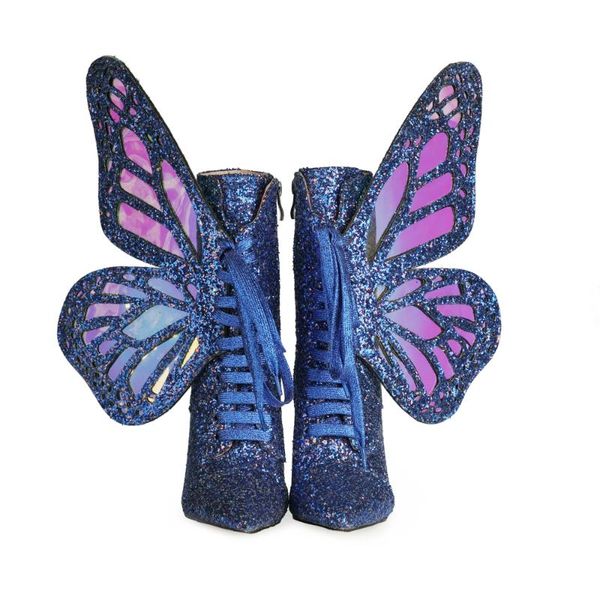 

boots women iridescent with detachable butterfly lace-up pointed toe high heels, Black