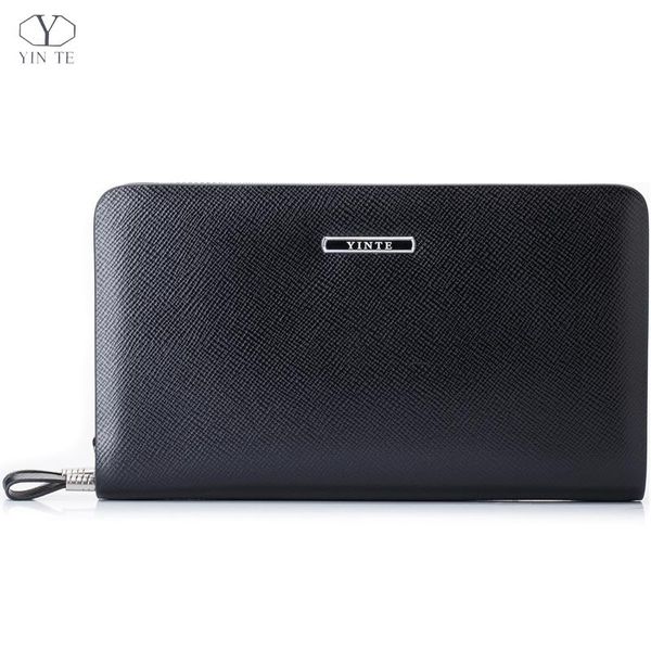 

wallets yinte men's clutch leather business zipper wallet famous style black bag passport purse wrist bags t036-2, Red;black