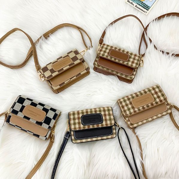 

ins kids plaid purse girls checkered one-shoulder square bag designer children woolen messenger princess bags women mini wallet a8063, White