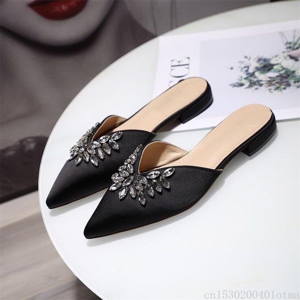 

70% off wholesale sandals flip-flops summer woman slippers flat bling pointed toe outside slides black silk rhinestone dress ladies zapatill