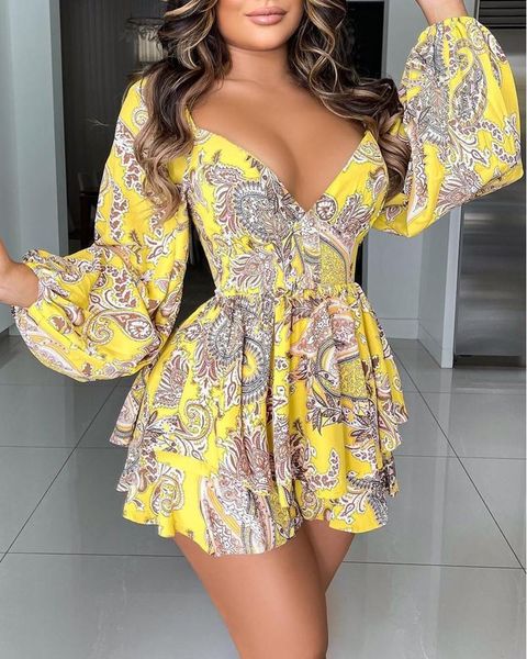 

casual dresses women's dress lantern sleeve layered ruffles paisley print 2021 slim short, Black;gray