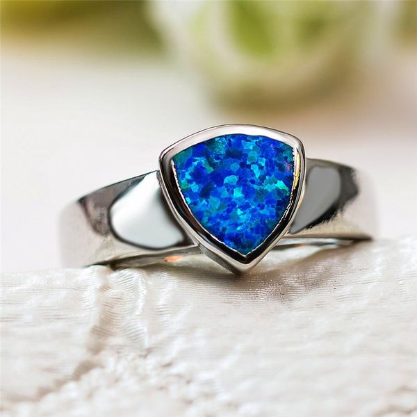 

cute female silver color triangle ring boho blue fire opal stone promise love engagement rings for women vintage jewelry wedding, Slivery;golden