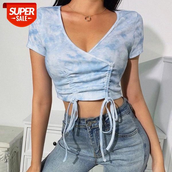 

[in stock]summer women's tie-dye printed slim navel t-shirt side drawstring tight short sleeve #hc9s, White