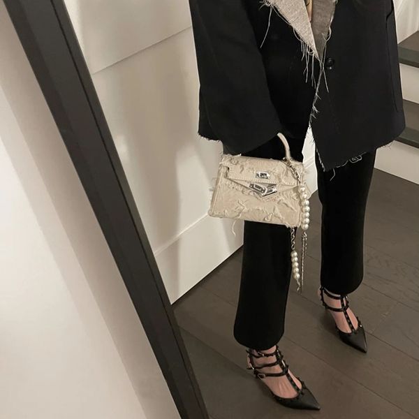 

japanese cowboys' cloth , beggars' canvas with pearl chain and black youth bag