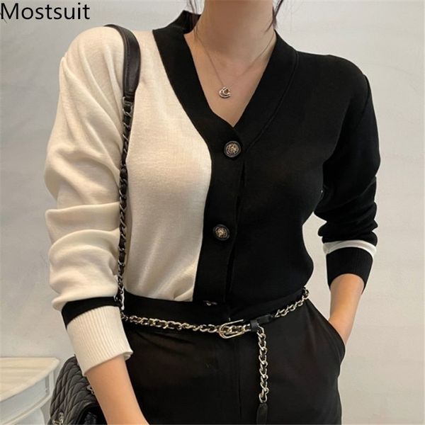 

color-blocked knitted cardigan sweater women spring single-breasted v-neck full sleeve fashion korean ladies jumpers 210514, White;black