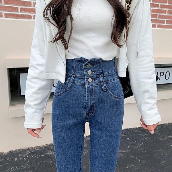 

women's jeans high waist button for women 2021 autumn and winter repair, Blue