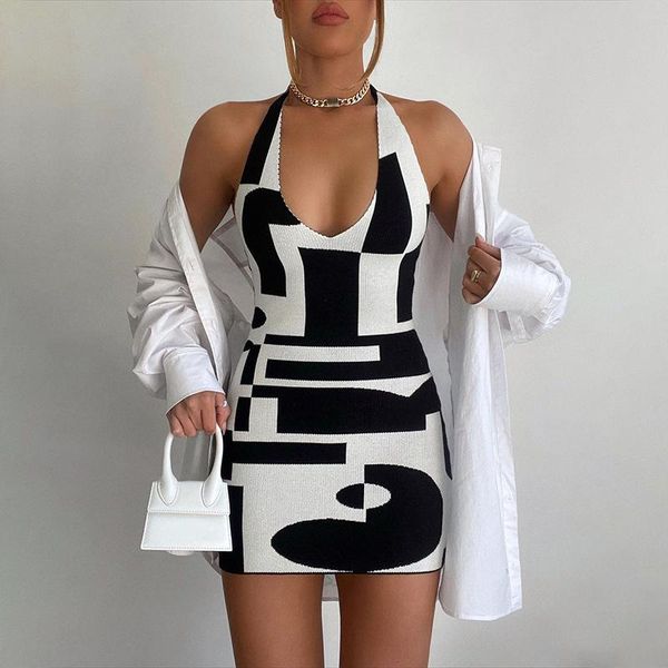 

casual dresses vintage plaid bodycon knitted dress sweater women autumn winter halter bandage mini backless sleeveless v neck outfits, Black;gray
