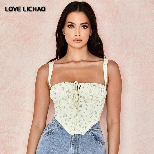 

fashion floral corset women sweet print hollow up tie crop summer sleeveless ruched boning bustier casual tank women's tanks & cami, White