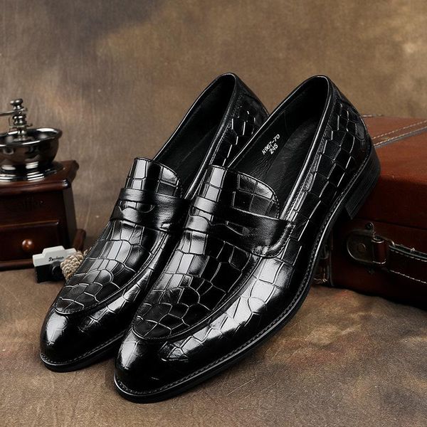 

genuine leather crocodile pattern men dress shoes business party wedding suit slip on formal office oxford for g311, Black