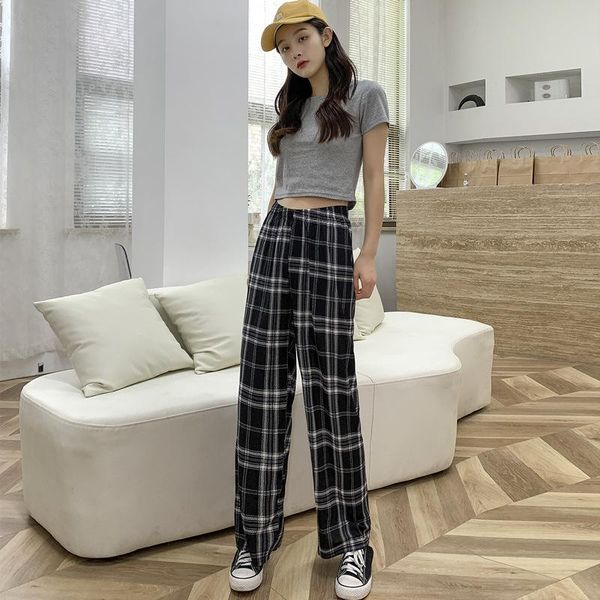 

women's pants & capris 2021 exquisite ladies casual plaid waist straight loose wide-leg are thin summer clothing, Black;white