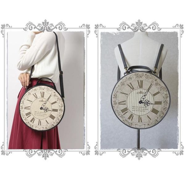 

backpack creative portable shoulder crossbody bag college style vintage round large clock printed pu leather girls lolita