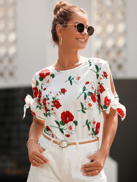 

floral print split sleeve knot cuff blouse 87qy#, White