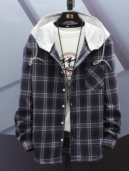 

men plaid drawstring button front hooded shirt l26e#, White;black