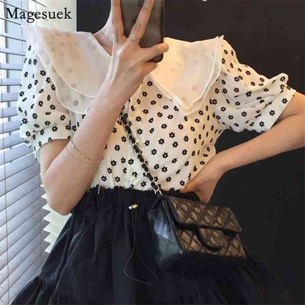 

chic sweet turn-down collar floral women blouses summer short sleeve elegant female shirt office lady fashion clothes 14521 210512, White