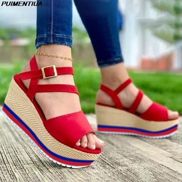 

women's sandals vintage wedge shoes woman buckle strap straw thick bottom flats platform flock female summer, Black
