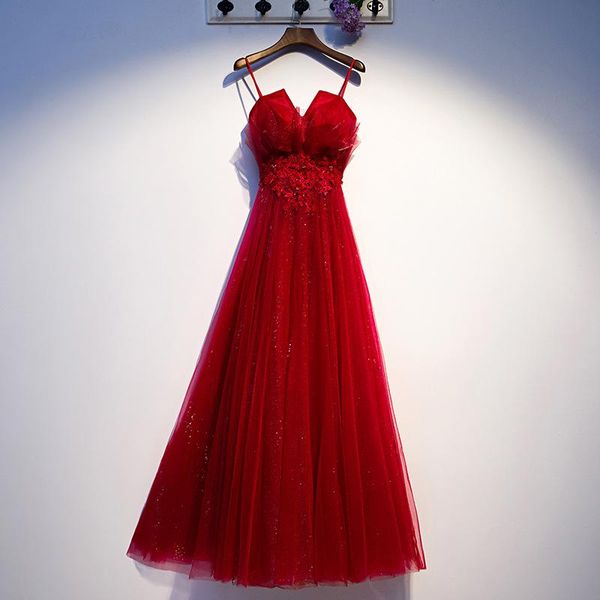 

burgundy spaghetti strap long evening dresses women lace embroidery beading tulle prom vestido toast clothing ethnic, Red