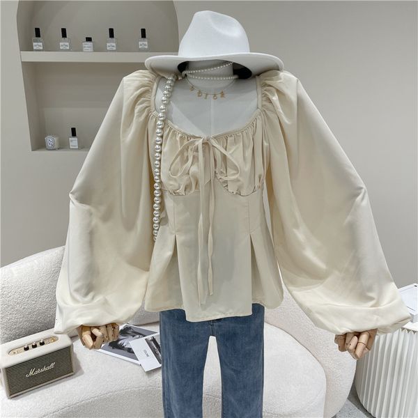 

blouses spring women's niche summer fashion lantern high waist design shirt short square neck lace up top, White