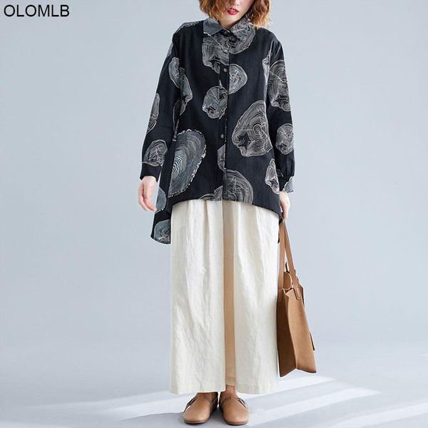 

women's blouses & shirts 2021 spring plus size women blouse long sleeve print black lady tunic cotton linen loose vinatge female cloth, White