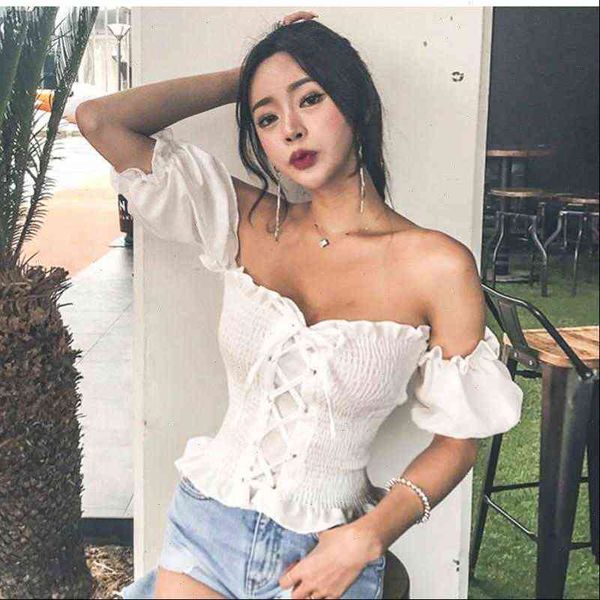 

womens shirts arrival boho summer crop and blouses puff sleeve off shoulder lace up beach shirt blusa, White