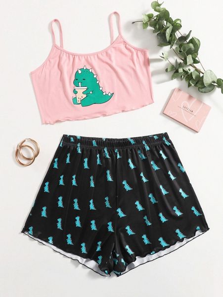 

plus cartoon graphic cami pajama set c6oz#, Black;white