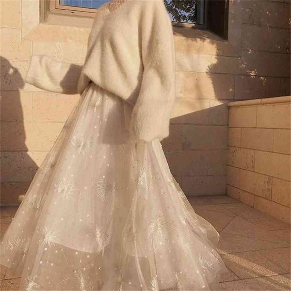 

elegant embroidered mesh pearl skirt layers tiered tulle women high waist long maxi pink white school sun lady 210421, Black