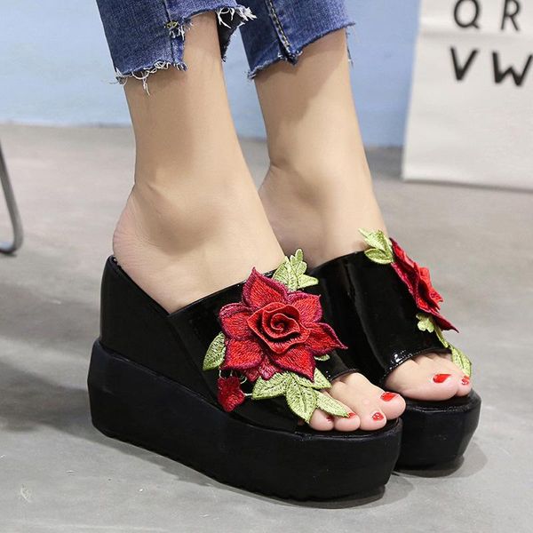

embroidery floral chunky platform wedge sandals women summer 2021 super high heels patent leather sandalias mujer shoes slippers, Black