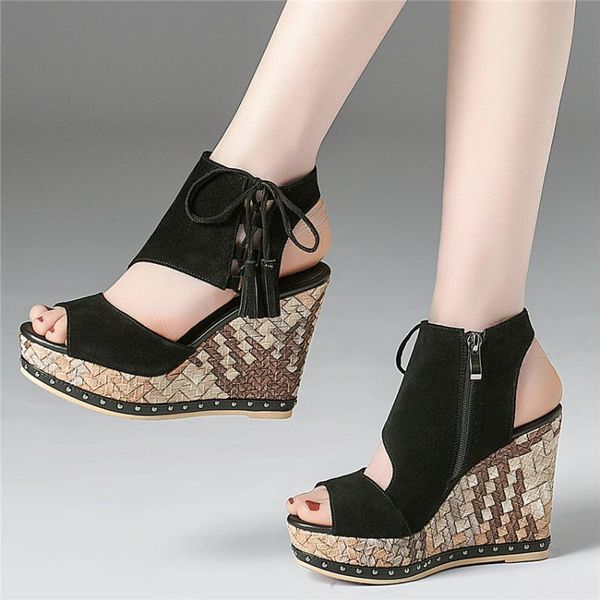 

women cow suede leather wedges high heel roman gladiator sandals open toe summer party platform pumps shoes casual tassels, Black