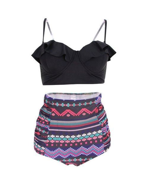 

one-piece suits 2021 women's ruffle swimsuit black midkini tankinis high waisted waist pin up swimwear bikini set graphic aztec shorts