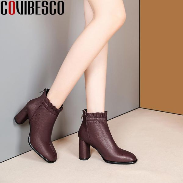 

boots covibesco basic women ankle genuine leather shoes woman ruffles back zipper high heels elegant fashion office lady, Black