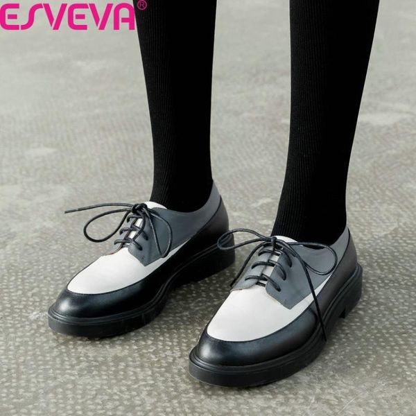 

dress shoes esveva 2021 round toe square low heel spring autumn ladies single mixed color cow leather lace up women pumps size 34-39, Black