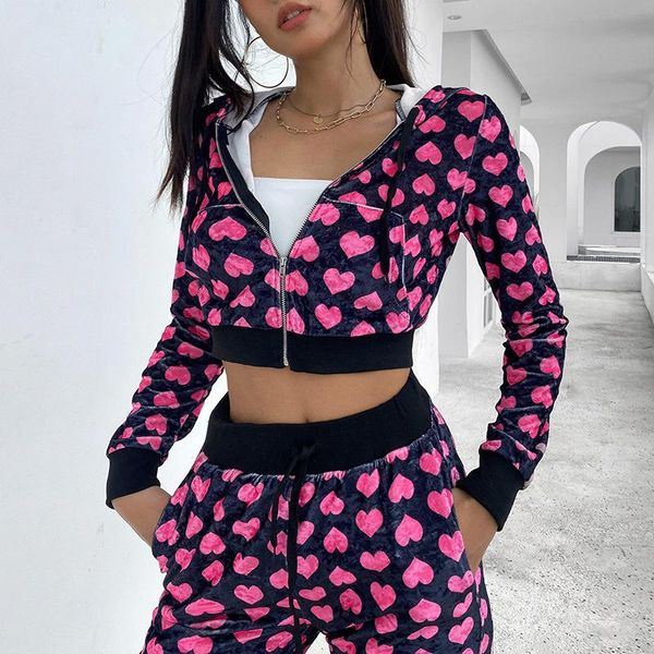 

women's jackets velvet heart print cropped bomber jacket women autumn cute black long sleeve coats zipper winter y2k 90s overcoat, Black;brown