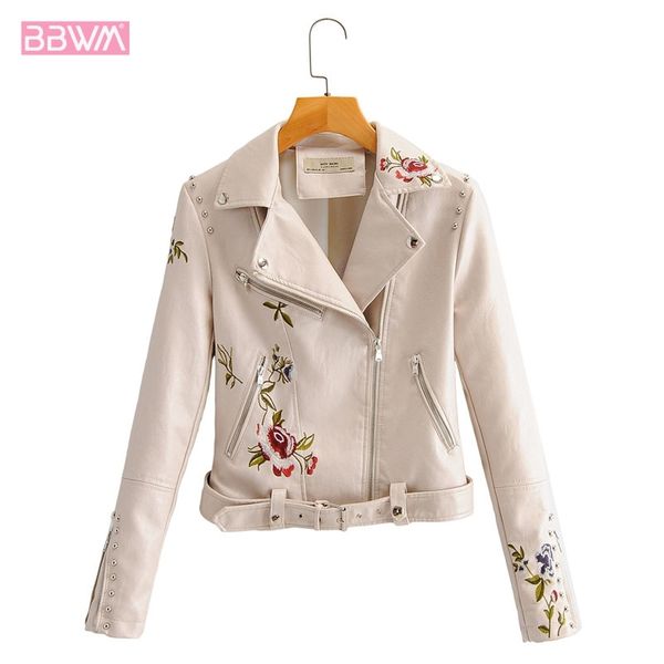 

women's pu leather lapel long-sleeved jacket female heavy industries embroider flowers and leaves rivet short leather jacket 210507, Black;brown