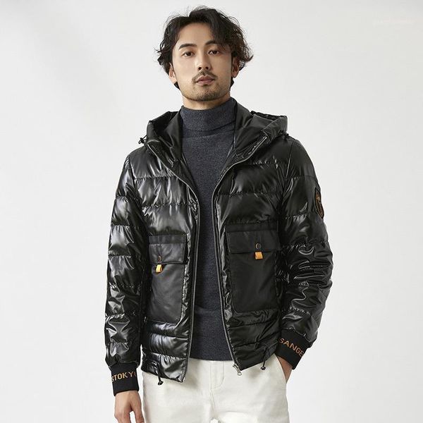 

leather down jacket men's splicing short hooded fashion warm & faux, Black